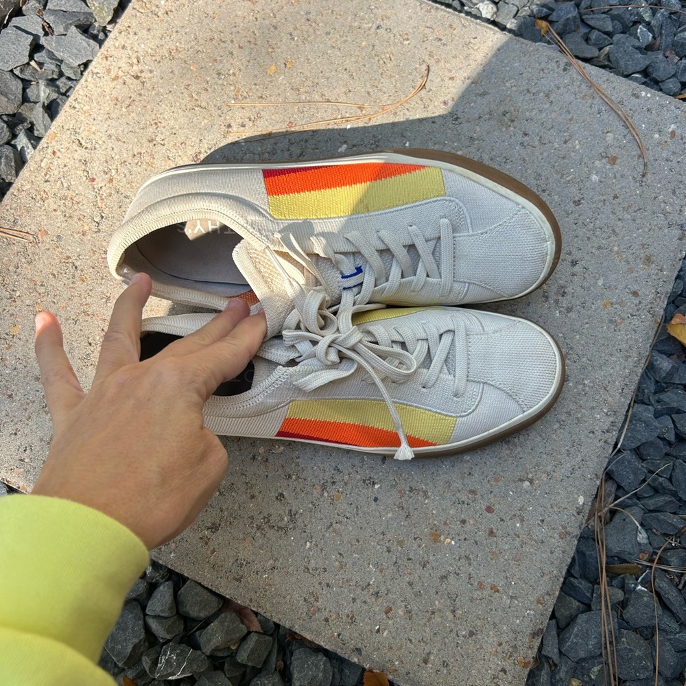 Rothy's Cream Knit Sneakers with Yellow and Orange Stripes - Picture 5 of 8